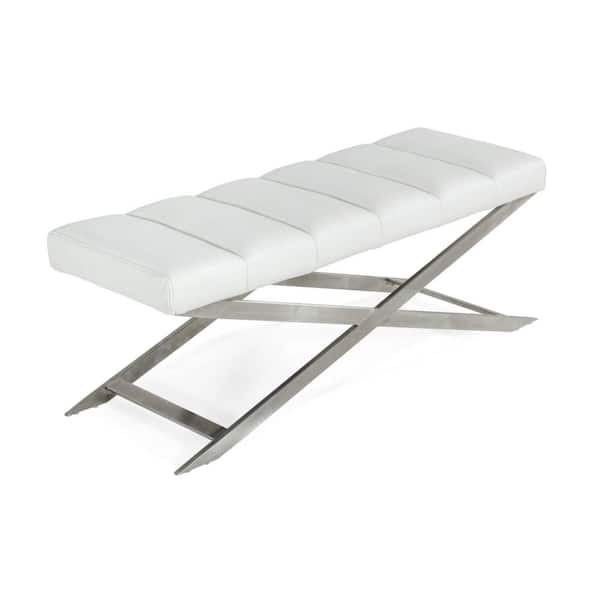 Benjara 47.2 in. White and Silver Backless Bedroom Bench with Steel Legs