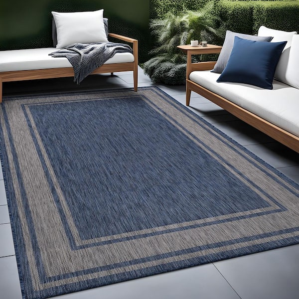 Essence Navy/Silver 8 ft. x 10 ft. Bordered Easy to Clean Indoor Outdoor Area Rug