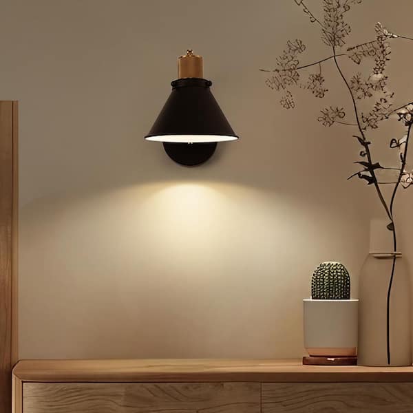 8.1 in. 1-Light Black and Gold Circle Bell Wall Sconce with Standard for Bedroom