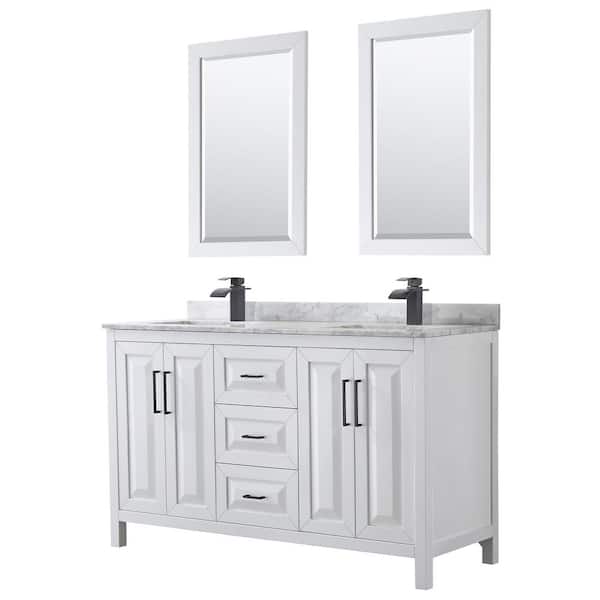 Wyndham Collection Daria 60 in. W x 22 in. D x 35.75 in. H Double Bath Vanity in White with White Carrara Marble Top and 24 in. Mirrors