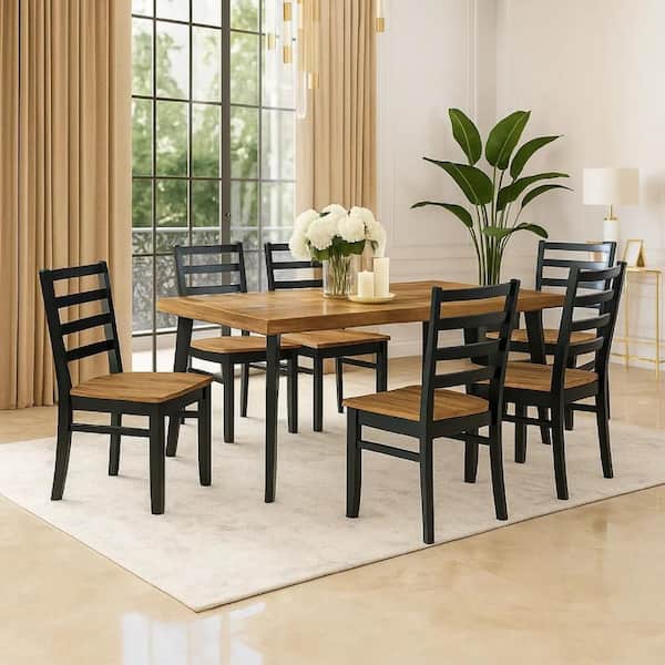 Bia 7-Piece Rectangle Brown and Black Wood Top Dining Table Set Seats 6