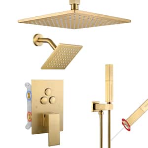 Single Handle 4-Spray Shower Faucet 1.8 GPM 10 in. Square Ceiling Mounted Shower with Pressure Balance in. Brushed Gold