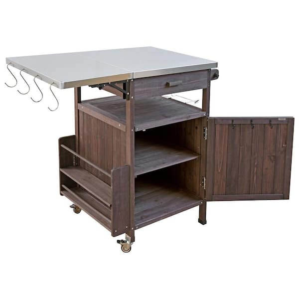 Wood 21 in. W x 40.5 in. L x 36.25 in. H Outdoor Kitchen Cabinet in Brown with Stainless Steel Top and 2 Lockable Wheels