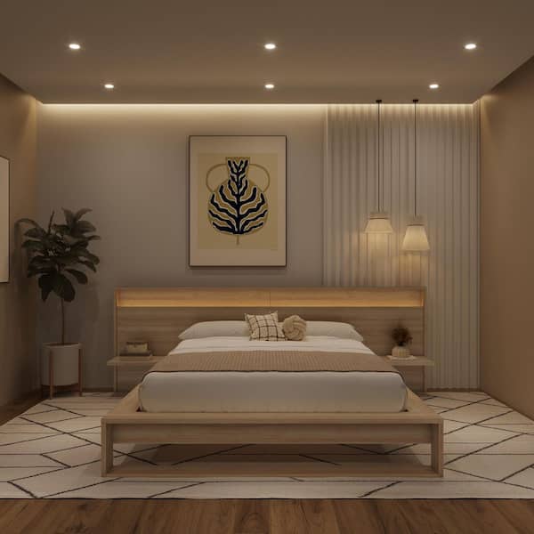 Lido Brown Oak Frame Queen Size Platform Bed with Wide Headboard with Integrated Lighting