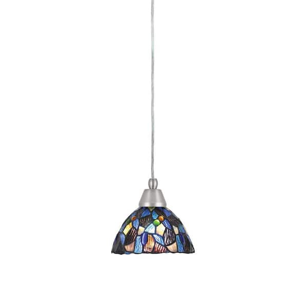 Unbranded Bryson 7 in. 1-Light Brushed Nickel Cord Pendant Light with 7 in. Blue Mosaic Art Glass Shade, no bulb included