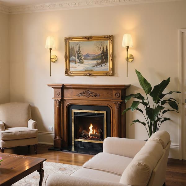 25 in. 1-Light Gold Modern Wall Sconce Set of 2 with Pleated Fabric Shade, Wall Lights for Bedroom and Living Room