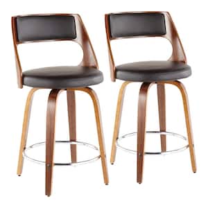 Cecina 35.5 in. Counter Height Bar Stool in Brown Faux Leather and Walnut Wood (Set of 2)