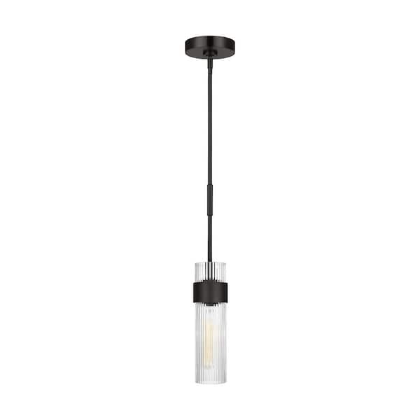 Generation Lighting Geneva 3.375 in. W x 12 in. H 1-Light Aged Iron Mid-Century Indoor Dimmable Medium Pendant Light with Clear Glass Shade
