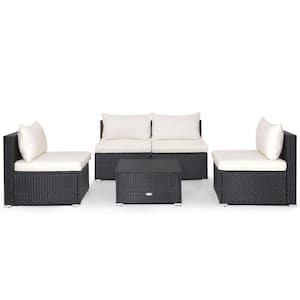 5-Pieces Patio Outdoor Rattan Sofa Conversation Set with Seat & Back Cushions Off White