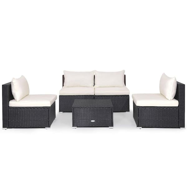 Gymax 5-Pieces Patio Outdoor Rattan Sofa Conversation Set with Seat & Back Cushions Off White