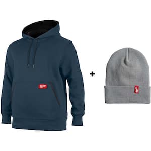 Men's X Large Blue Midweight Cotton/Polyester Long Sleeve Pullover Hoodie with Men's Gray Acrylic Cuffed Beanie Hat