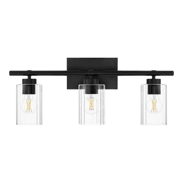 24 in. 3-Light Matte Black Bathroom Vanity Light with Clear Ribbed Glass Shade