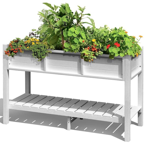 DEXTRUS 46.5 in. x 17.7 in. White Plastic Garden Raised Planter Box with Shelf