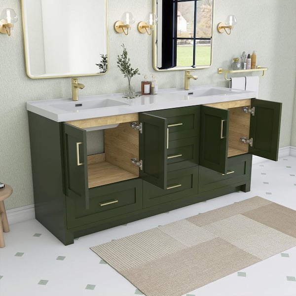 Genie 72 in. Double Sinks Green Bath Vanity with White Solid Surface Vanity Top and Basin Freestanding Bathroom Cabinet