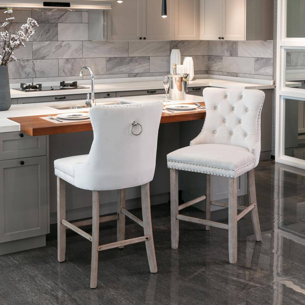 Beige Velvet Upholstered Bar Stools with Natural Wood Legs, Set of 2