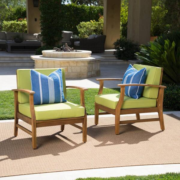 Perla Teak Finish Wood Outdoor Patio Club Lounge Chairs with Green Cushions (2-Pack)