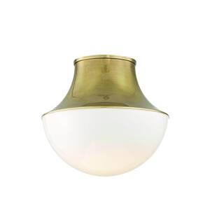 Merrill Large 13 in. 1-Light Aged Brass LED Flush Mount with White Glass Shade