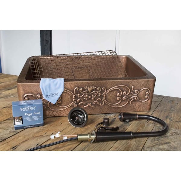 SINKOLOGY - Ganku All-in-One Farmhouse Apron-Front Copper 33 in. Single Bowl Kitchen Sink with Pfister Bronze Faucet and Strainer