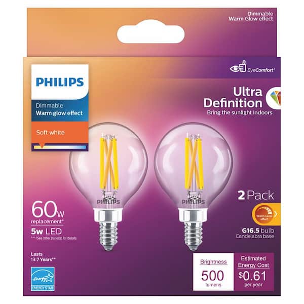 Philips LED Ultra Definition Flicker-Free Dimmable, Eye Comfort Technology,  Soft White 2700K BA11 Clear Glass Light Bulb, 500 Lumen, 5W=60W, E12 Base