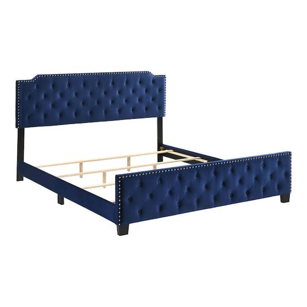 Furniture of America Bernadetta Navy King Panel Bed with Tufted Upholstery