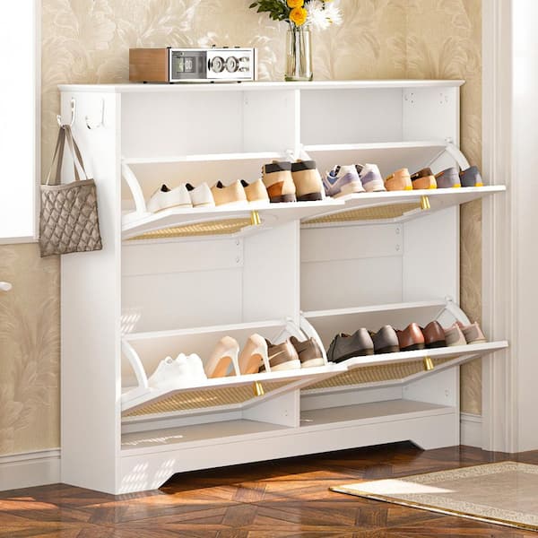 35.4 in. H x 42.1 in. W White Shoe Storage Cabinet with 4 Flip Drawers
