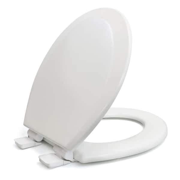 PLUMBFLEX Round Molded Wood Slow Close, Adjustable Hinge Front Toilet Seat in White 14-1/4 in. x 13.07 in. x .63 in.