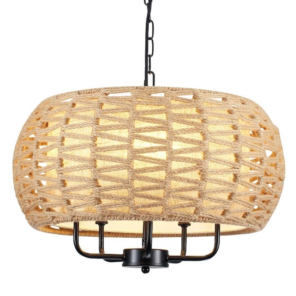 5-Light Black Drum Chandelier with Twine Shade, Height Adjustable Chandelier for Dining Room
