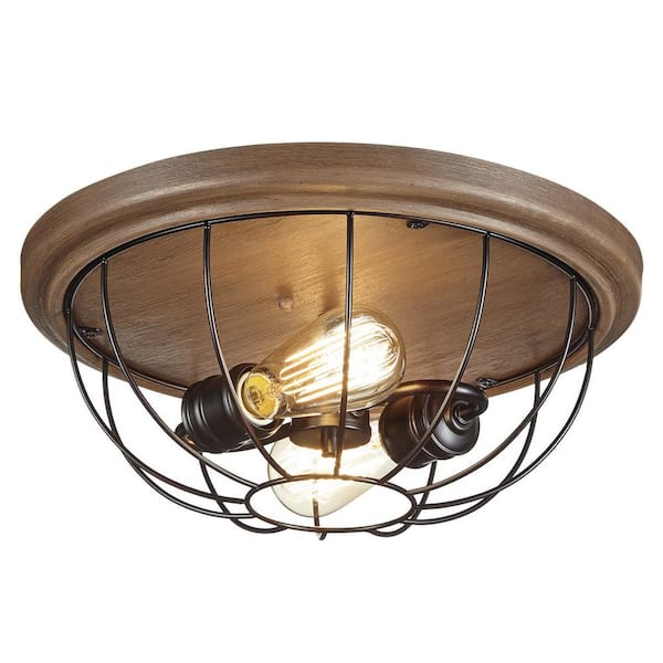 Home Decorators Collection Keaton Collection 15-3/4 in. Bronze Industrial 2-Light Bedroom Flush Mount Light with Open Cage Frame Two Bulbs Included