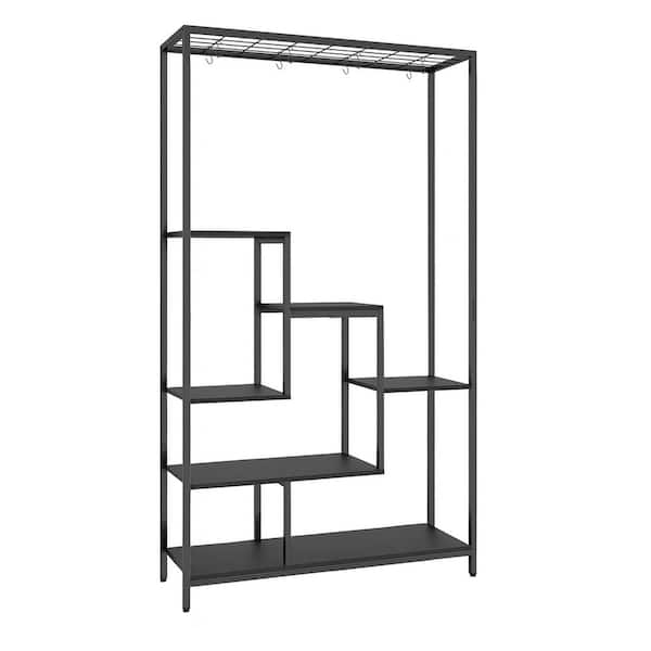 71 in. H x 40 in. W x 12 in. D Indoor/Outdoor Black Metal Steel and Wood Plant Stand
