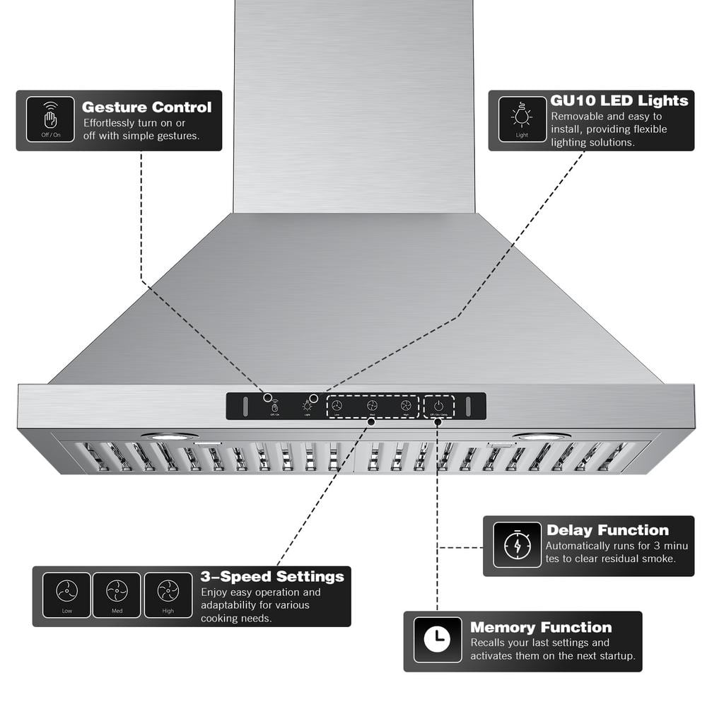 36'' Stainless Steel Convertible Wall Mount Range Hood with Charcoal Filter