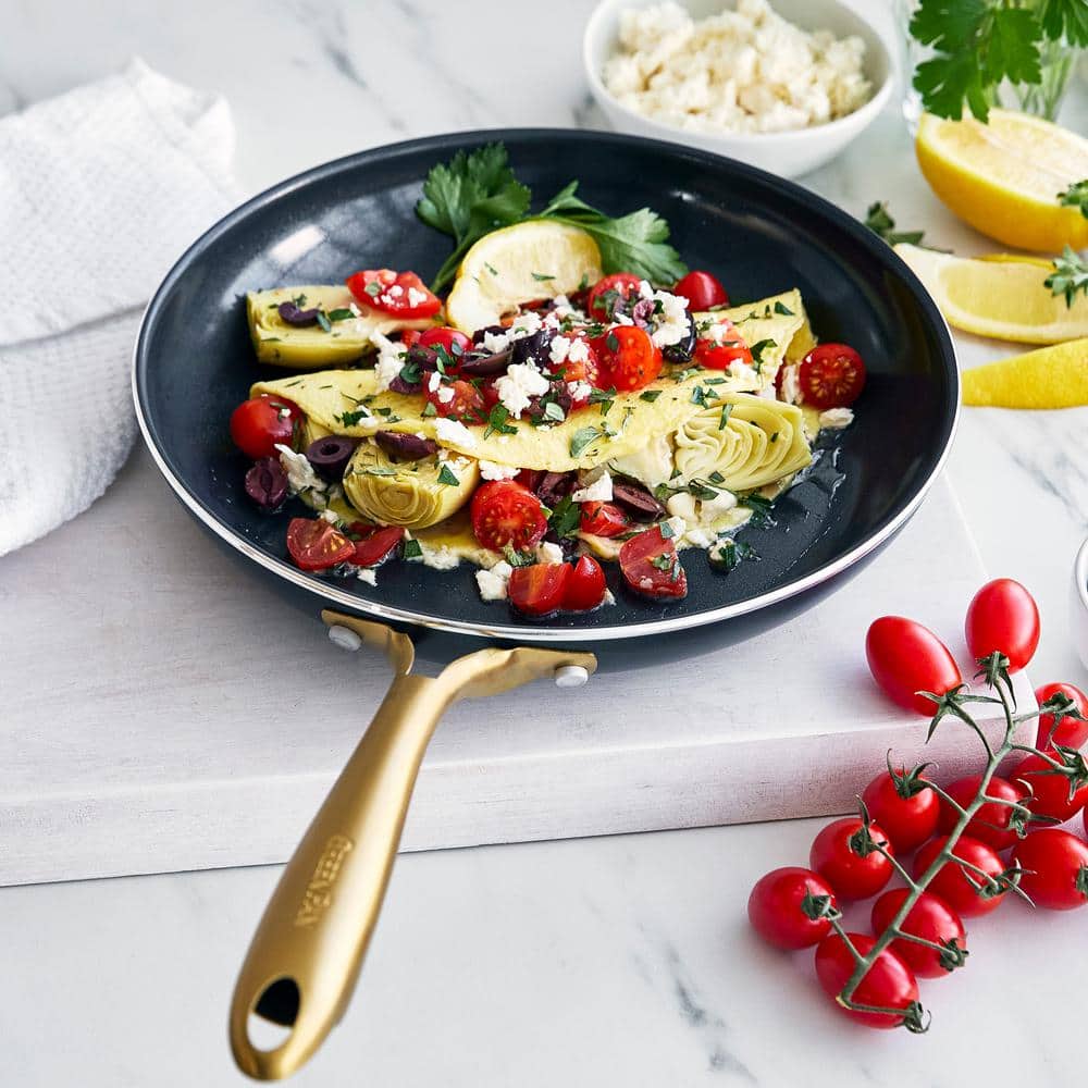 Black Ceramic Nonstick Aluminum Frying Pan with Gold Handle