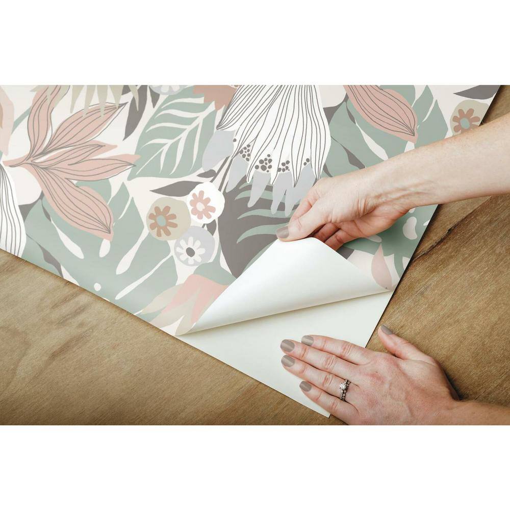 Pink and Green Tropical Leaves Peel and Stick Vinyl Wallpaper