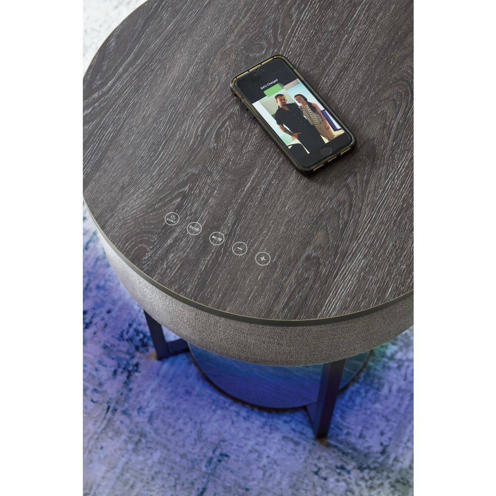 Gray and Black Round Wood and Metal Accent Table with Built-in Speakers
