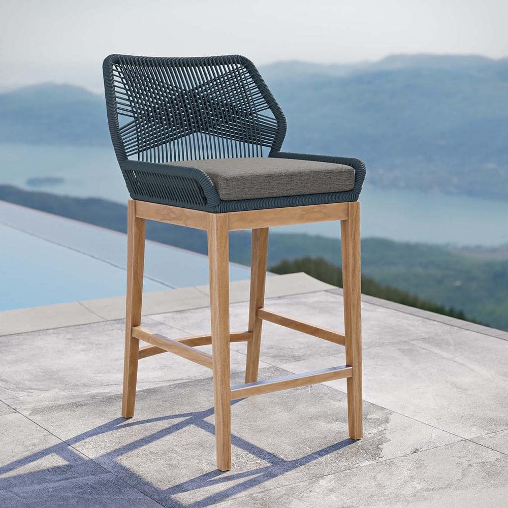 Graphite Blue Teak Wood Outdoor Bar Stool with Cushions