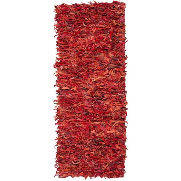 SAFAVIEH Leather Shag Red 2 ft. x 11 ft. Solid Runner Rug