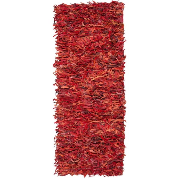 SAFAVIEH Leather Shag Red 2 ft. x 6 ft. Solid Runner Rug