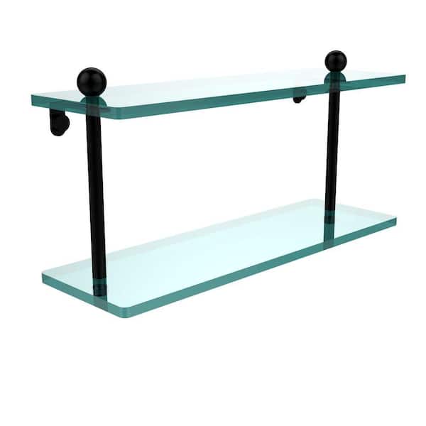 Allied Brass 16 in. L x 8 in. H x 5 in. W 2-Tier Clear Glass Bathroom Shelf in Matte Black