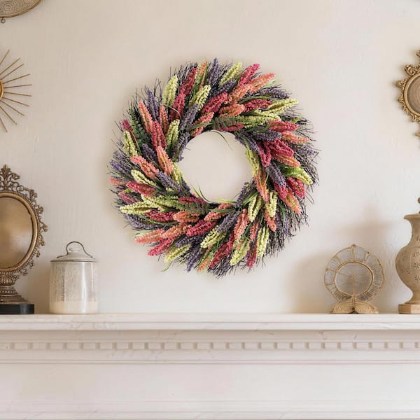 24 in. Pink, Purple & Yellow Mixed Heather Artificial Wreath Includes a Complimentary Black Metal Wreath Hanger
