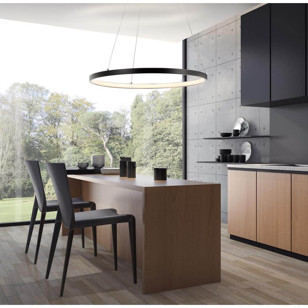 Matte Black Modern LED Drum Pendant Light - 15.75" Diameter