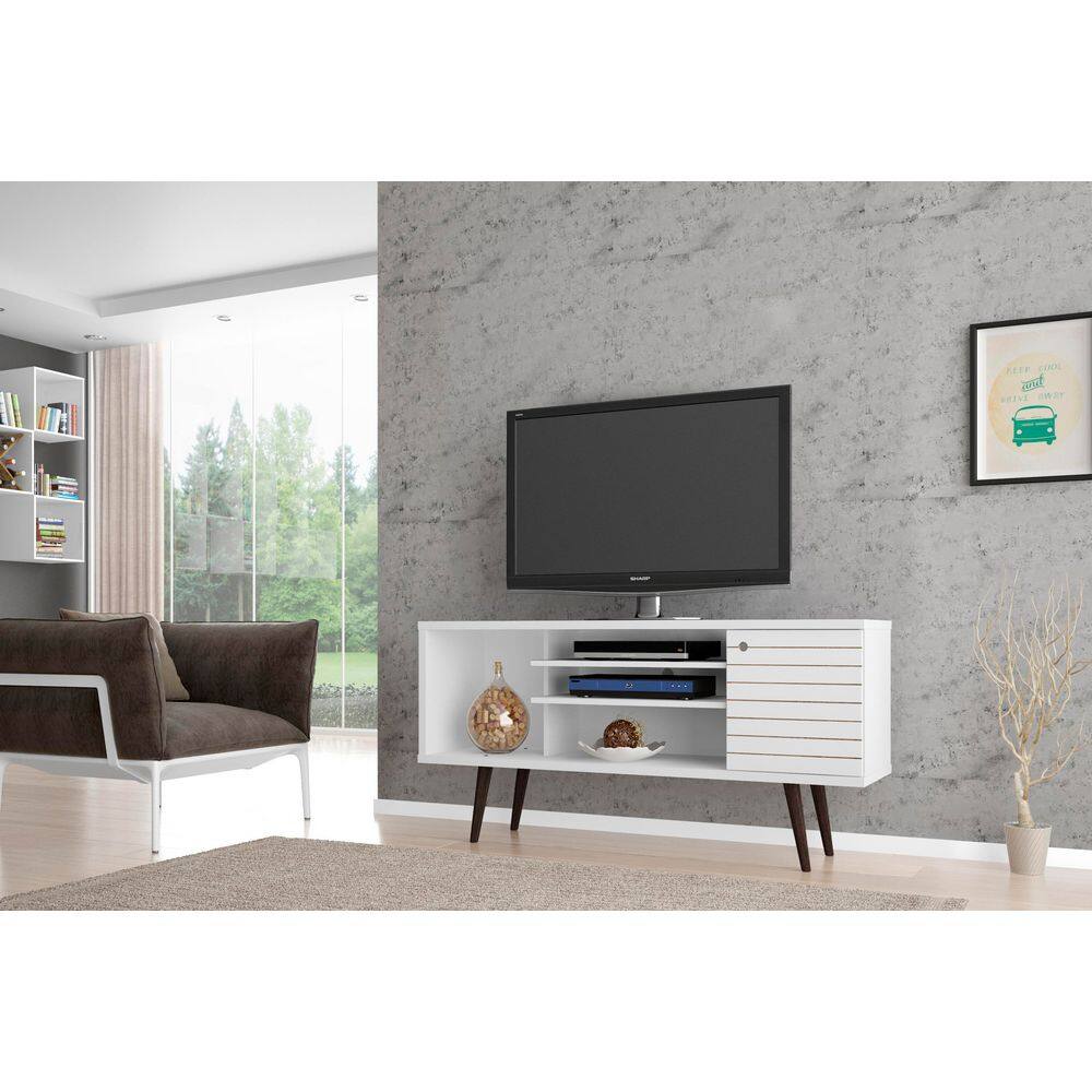 White Mid-Century Modern TV Stand with Cabinet and Shelves