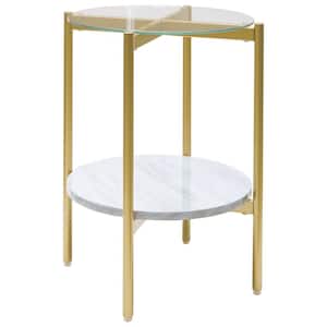 16 in. White and Gold Round Glass End Table with 1-Shelf
