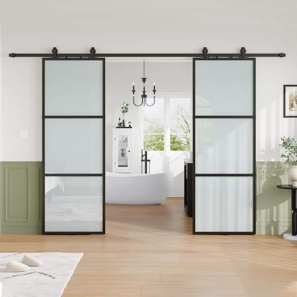64 in. x 84 in. (Double 32 in doors) 3 Lite Frosted Glass Black Metal Frame Interior Sliding Barn Door with Hardware kit
