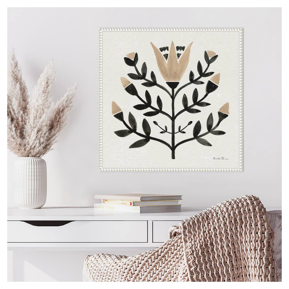 Beige and Black Beaded Perimeter Botanic Canvas Tapestry
