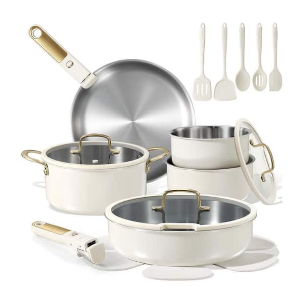 19-Piece Tri-Ply Stainless Steel Stock Pot Set Cream White Ceramic Finish, Stackable, Detachable Handle, Induction Safe