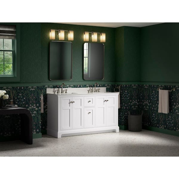 Baskin 60 in. Double Sink White Bath Vanity with Bianco Bella Quartz Top