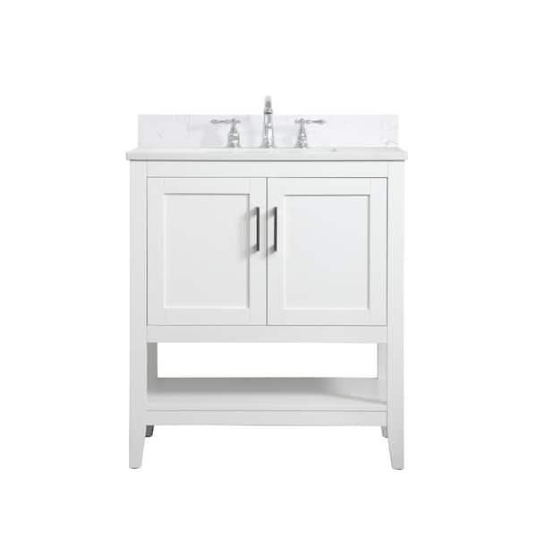 Unbranded Simply Living 30 in. W x 19 in. D x 34 in. H Bath Vanity in White with Calacatta White Engineered Marble Top