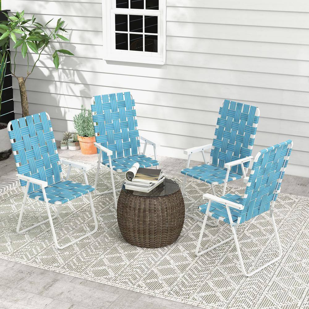 Set of 4 Blue Woven Strap Folding Patio Chairs with Armrests