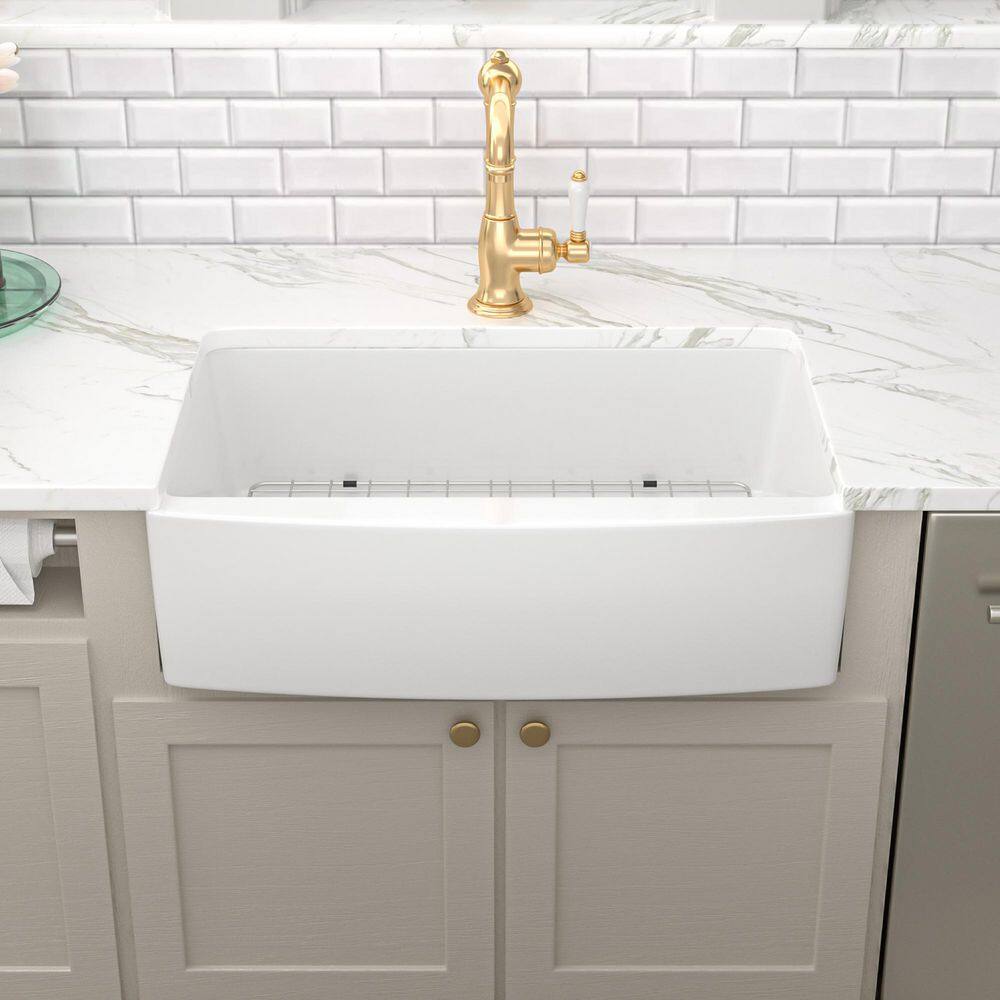 30'' Glossy White Ceramic Farmhouse Apron-Front Single Bowl Kitchen Sink