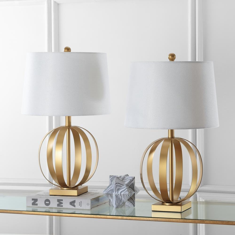 Euginia Sphere Gold-Finished Metal Table Lamp Set with White Cotton Shade