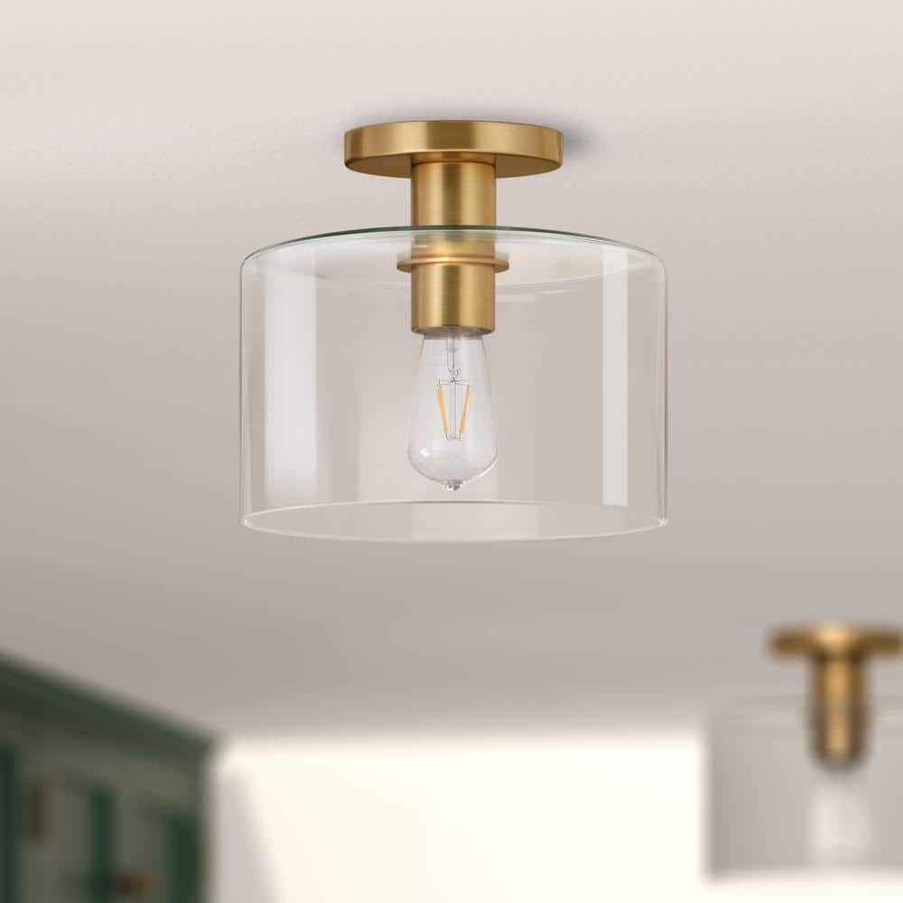 Henri 10" Brass Transitional Semi-Flush Mount with Clear Glass Drum Shade